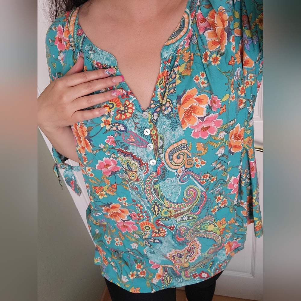 FINAL PRICE Teal Tropical Print Blouse - Picture 3 of 11